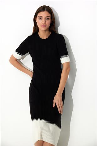 Black Ecru Midi Ribbed Knit Dress SWD4620EK