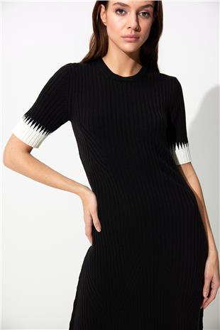Black Ecru Midi Ribbed Knit Dress SWD4620EK