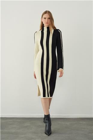 High neck midi knit skirt with stripe detail