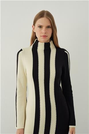 High neck midi knit skirt with stripe detail