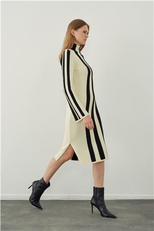 High neck midi knit skirt with stripe detail