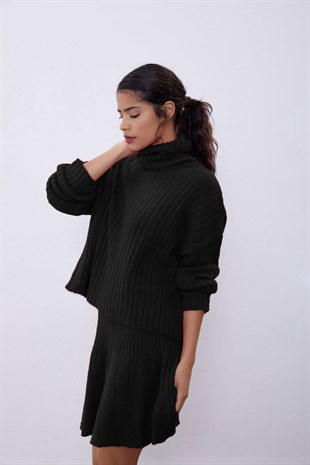 Black Ribbed Skirt  Sweater Knit Set SWTK4264-65Sİ