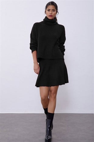 Black Ribbed Skirt  Sweater Knit Set SWTK4264-65Sİ