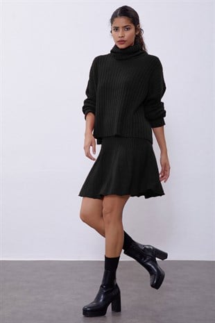 Black Ribbed Skirt  Sweater Knit Set SWTK4264-65Sİ