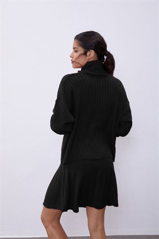 Black Ribbed Skirt  Sweater Knit Set SWTK4264-65Sİ