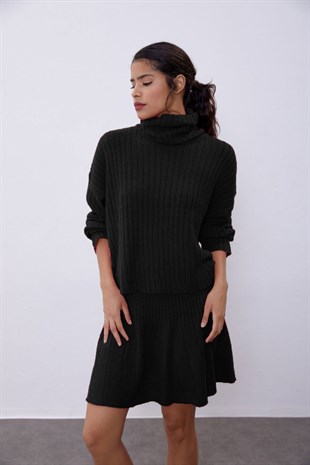 Black Ribbed Skirt  Sweater Knit Set SWTK4264-65Sİ