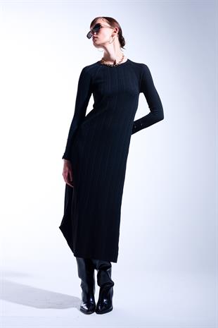 Siyah Fitilli Triko Elbise