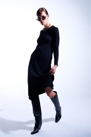 Siyah Fitilli Triko Elbise