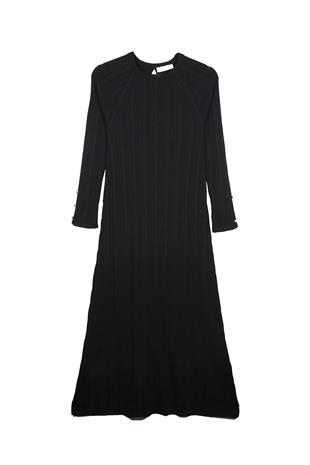 Siyah Fitilli Triko Elbise