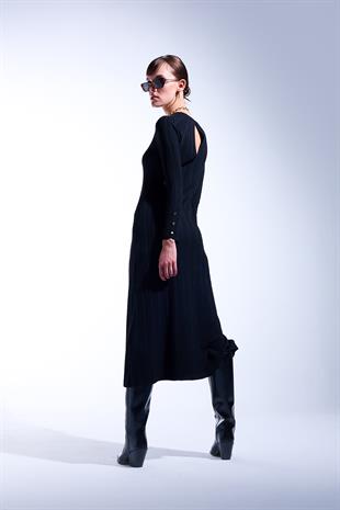 Siyah Fitilli Triko Elbise