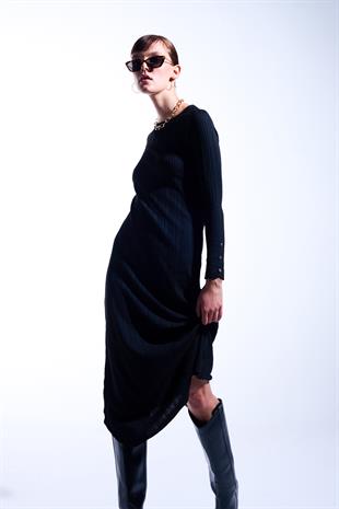 Siyah Fitilli Triko Elbise