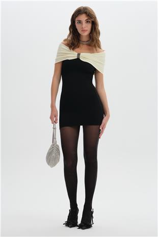 Siyah Fiyonk Omuz Detaylı Triko Elbise