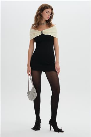 Siyah Fiyonk Omuz Detaylı Triko Elbise