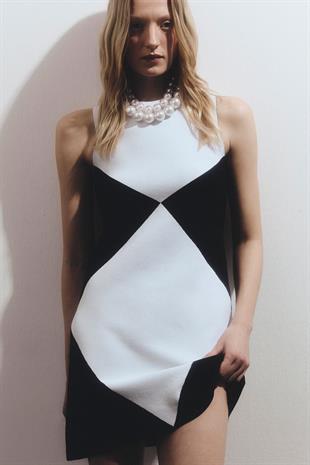 Black Geometric Patterned Mini Knitwear Dress