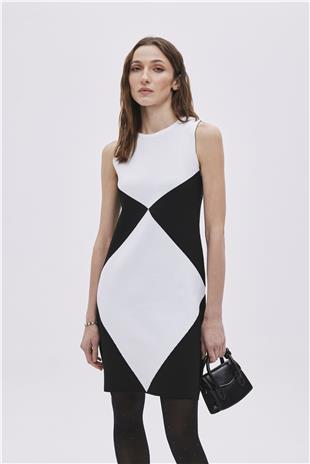 Black Geometric Patterned Mini Knitwear Dress