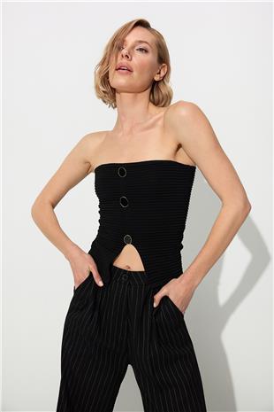 Black Ribbed Bustier with triangle detail on belly SWA4656Sİ