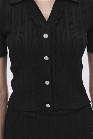 Black Shirt Collar Knitwear Top