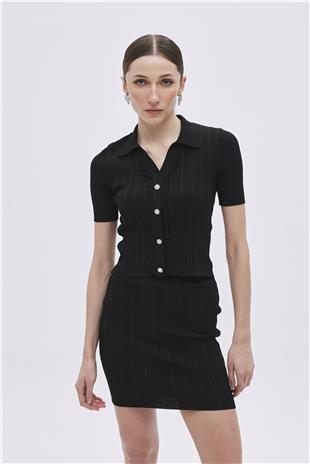 Black Shirt Collar Knitwear Top