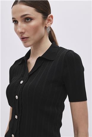 Black Shirt Collar Knitwear Top