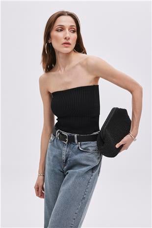 Black Strapless Knitwear Top