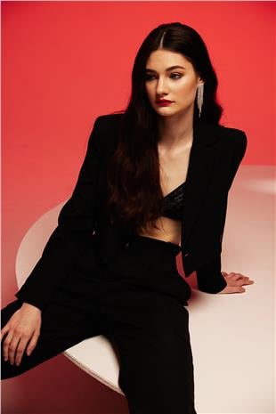 Black Double Breasted Collar Blazer Jacket SS23J4728Sİ