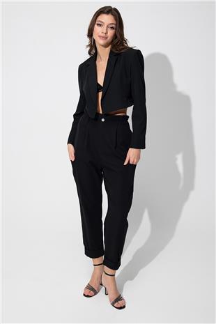 Black Double Breasted Collar Blazer Jacket SS23J4728Sİ