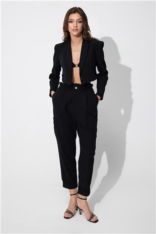 Black Double Breasted Collar Blazer Jacket SS23J4728Sİ