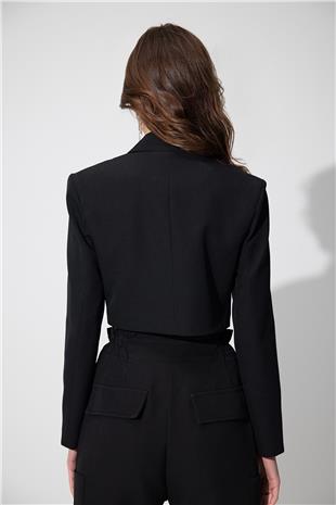 Black Double Breasted Collar Blazer Jacket SS23J4728Sİ