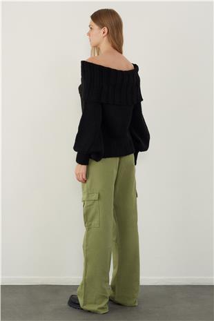 Black Madonna Neck Balloon Sleeve Knitwear Sweater