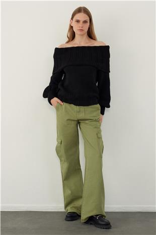 Black Madonna Neck Balloon Sleeve Knitwear Sweater