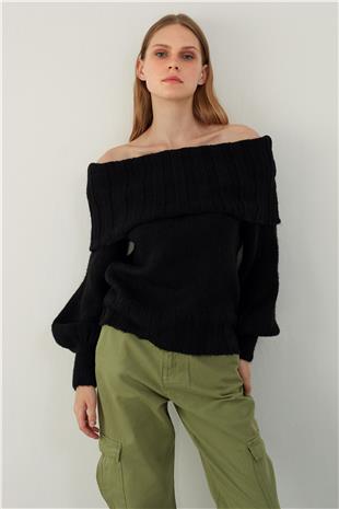 Black Madonna Neck Balloon Sleeve Knitwear Sweater