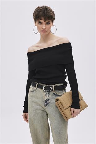 Black Bardot Neckline Knitwear Top