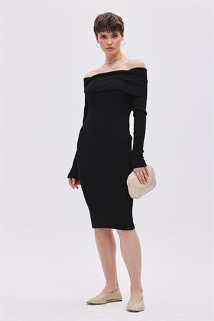 Black Bardot Neckline Knitwear Dress