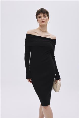 Black Bardot Neckline Knitwear Dress