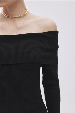 Black Bardot Neckline Knitwear Dress