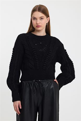 Black Knitted Pattern Crew Neck Sweater