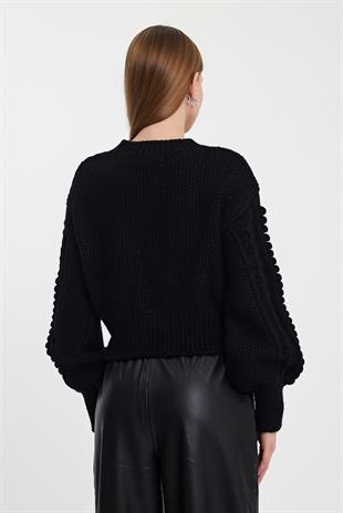 Black Knitted Pattern Crew Neck Sweater