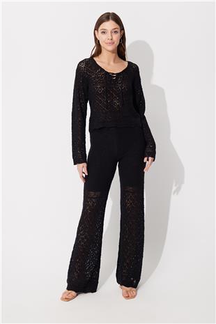 Black Knit Pattern Sweater Pants Set SWTK4557-58Sİ