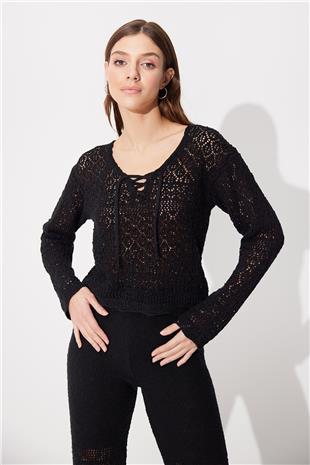 Black Knit Pattern Sweater Pants Set SWTK4557-58Sİ