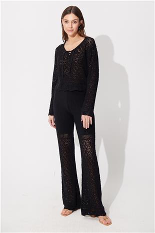 Black Knit Pattern Sweater Pants Set SWTK4557-58Sİ