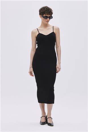 Black Cotton Midi Knitwear Dress