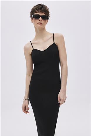 Black Cotton Midi Knitwear Dress