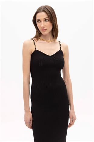 Black Cotton Chain Strap Midi Knitwear Dress