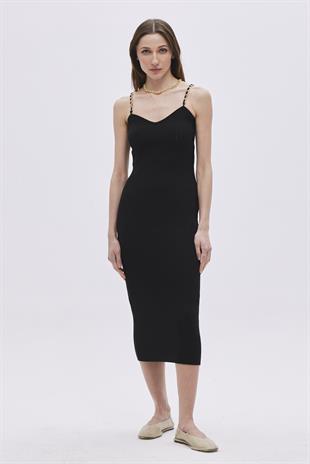 Black Cotton Chain Strap Midi Knitwear Dress