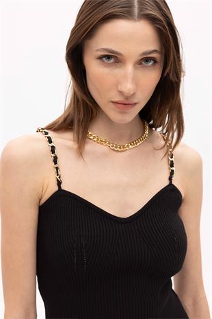 Black Cotton Chain Strap Midi Knitwear Dress