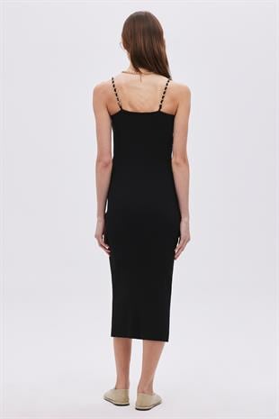 Black Cotton Chain Strap Midi Knitwear Dress