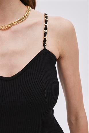 Black Cotton Chain Strap Midi Knitwear Dress