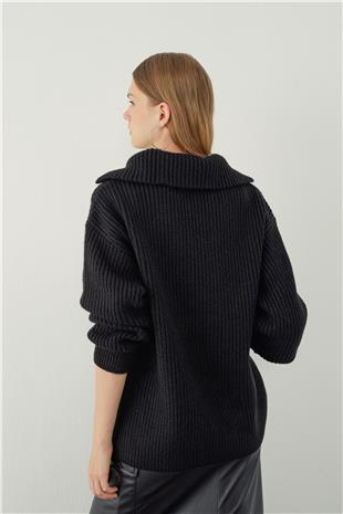Siyah Polo Yaka Dekolteli Triko Kazak