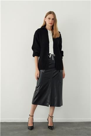 Siyah Polo Yaka Dekolteli Triko Kazak