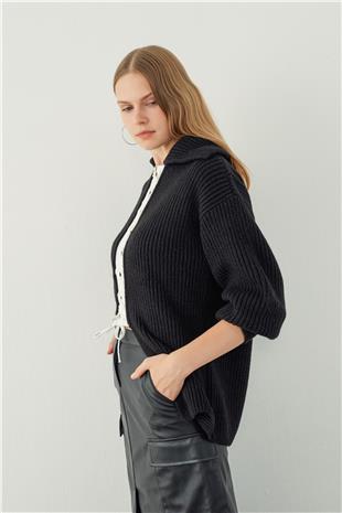 Siyah Polo Yaka Dekolteli Triko Kazak
